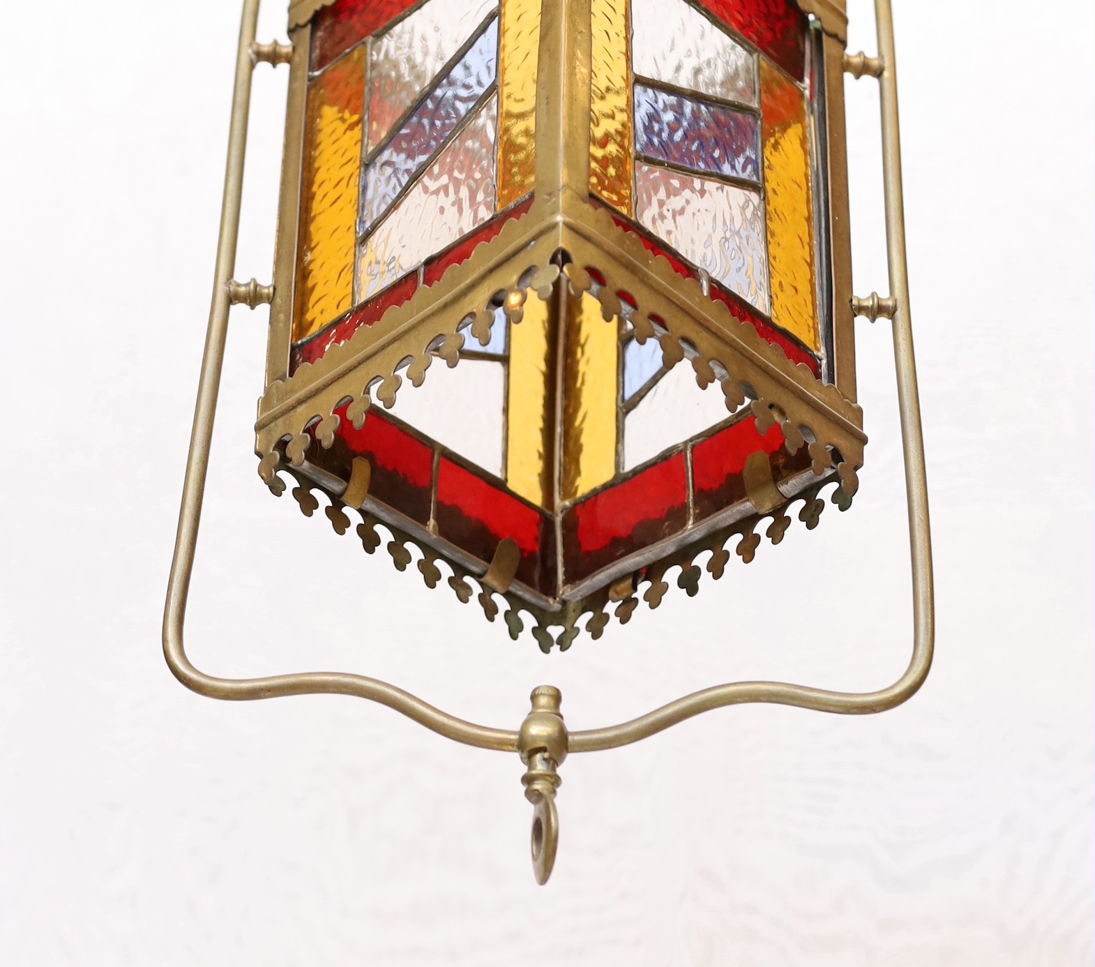 A Victorian brass and stained glass hall lantern, height 110cm. width 28cm